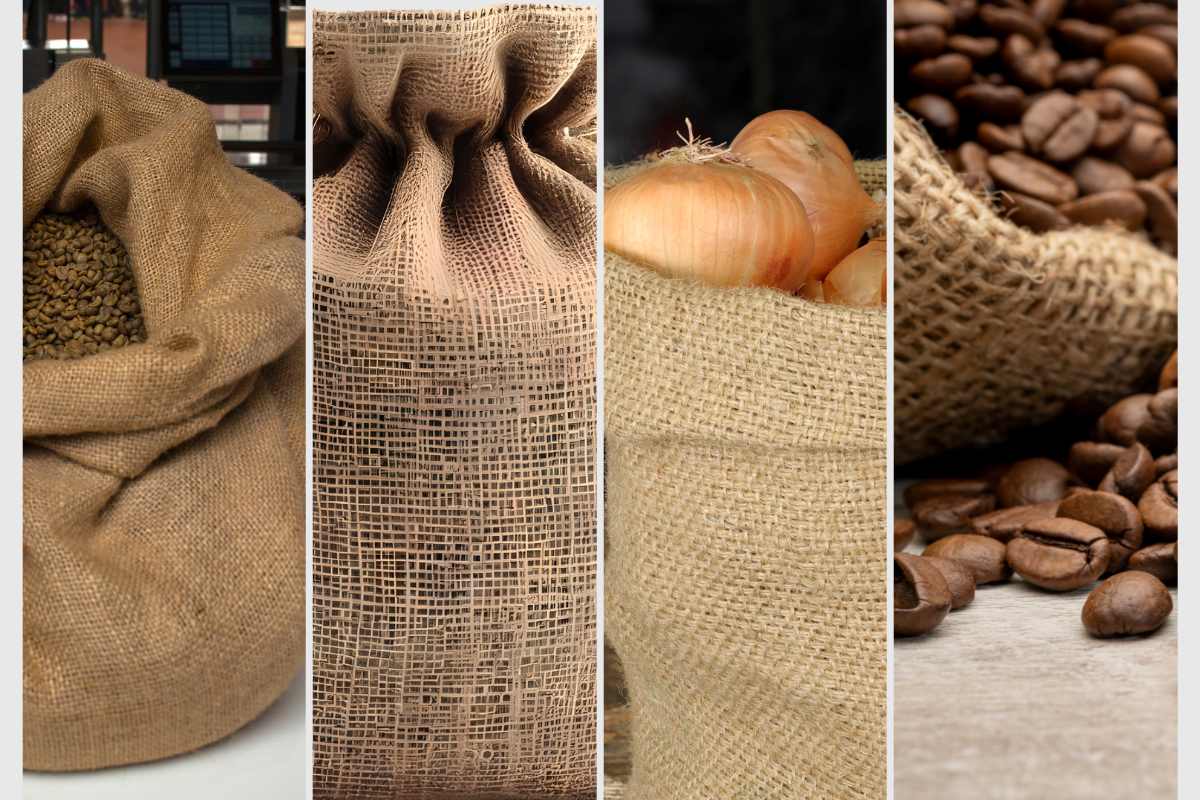 A variety of jute bags used for storing agricultural products such as coffee beans and onions, highlighting the eco-friendly and durable qualities of jute materials produced by SA Shamim Jute Mills Ltd