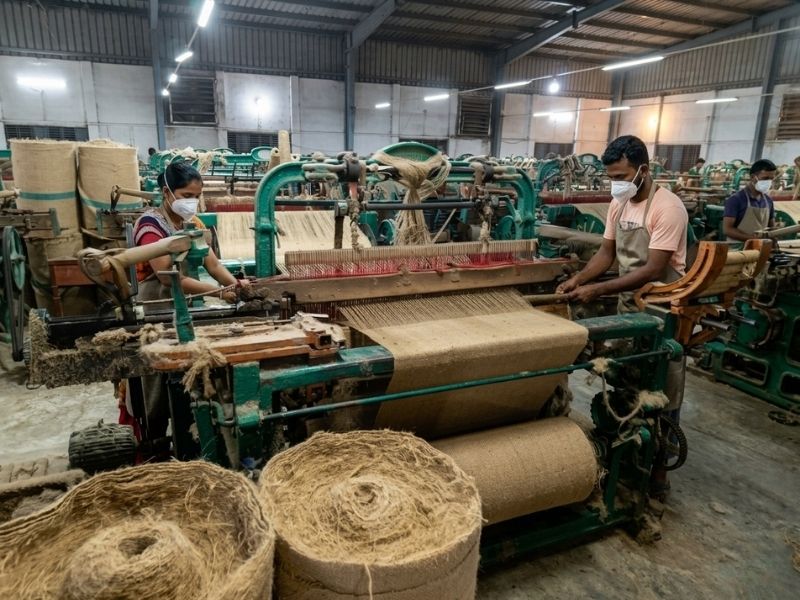 Weaving looms and jute fabric manufacturing at SA Shamim Jute Mills factory